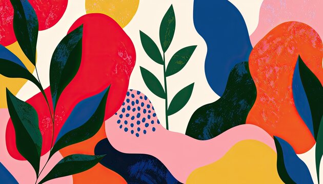 Vibrant abstract shapes and botanical elements in a colorful, textured pattern