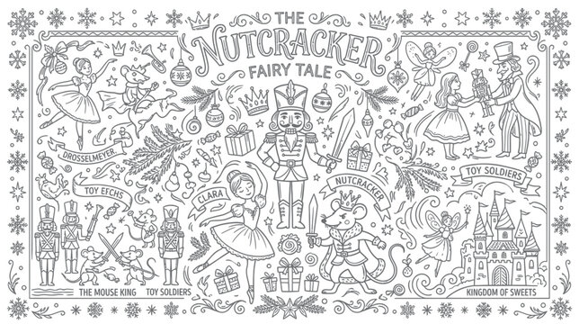 Nutcracker Fairy Tale Doodle Art - Christmas Characters and Holiday Elements