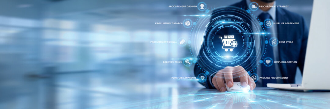 Businessman using a laptop for Procurement Management data analysis, tracking supplier vendor performance metrics, evaluating raw material acquisition costs, and optimizing corporate supply logistics.