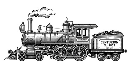Vintage Steam Locomotive Train, Industrial Era Transportation, Black and White Illustration © nongko