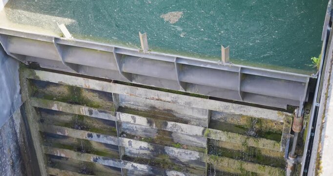 Hydropower Dam Metal Floodgate Holding Water, Close-Up, Lower Austria