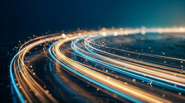 Futuristic fiber optic light trails in motion, high speed data transfer concept with glowing blue and gold streaks, abstract digital communication network background for technology