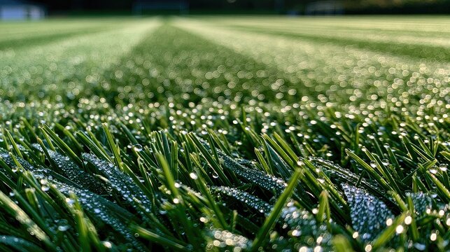 Dew drops glisten on vibrant green artificial turf under soft morning light