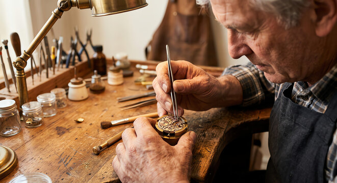 Close-up of senior watchmaker hands repairing vintage mechanical watch 3d illustration, expert craftsman fixing gear movement mechanism with tweezers on wooden workbench in traditional repair workshop
