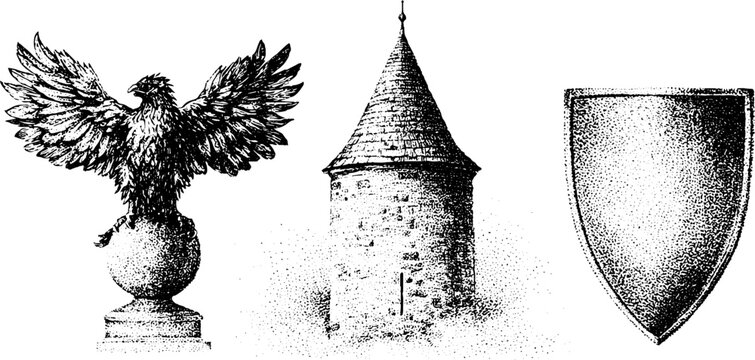Black and white stippled griffin perched on orb with stone turret and blank shield for heraldic emblem background and vintage emblem design