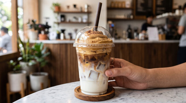 Iced Dalgona Coffee Refreshing Whipped Cream Beverage Served Cold Glass Cup Marble Table Minimalist Cafe Background Hand Holding Delicious Creamy Layered Espresso Drink Summer Morning Caffeine Break