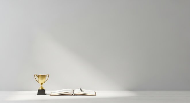 A gold trophy and open book on a white table, representing the dedication and learning required for significant success and academic achievement