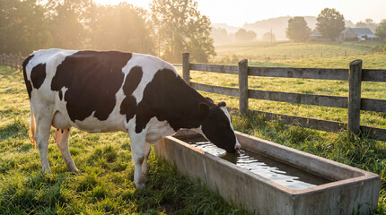 Obraz premium Holstein cow drinking water from trough on a rural farm pasture during a sunny, misty morning landscape