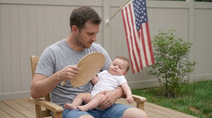 Fototapeta premium A man and his baby enjoying a summer day on the deck with an American flag in the background.