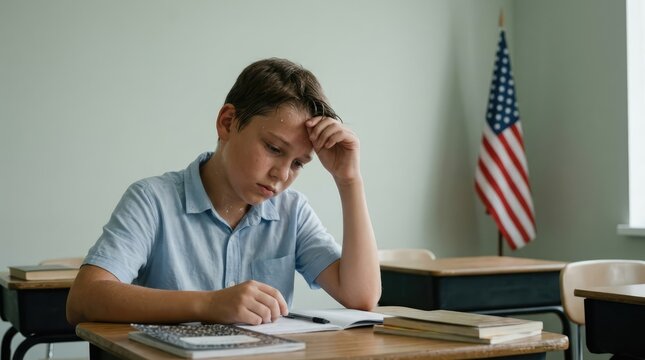 A young boy sits at a desk in a classroom, looking stressed and overwhelmed while studying. An American flag is visible in the background