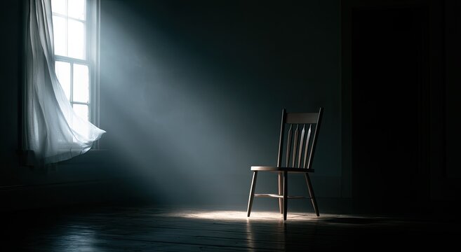 Solitary chair bathed in light from a window on a dark day