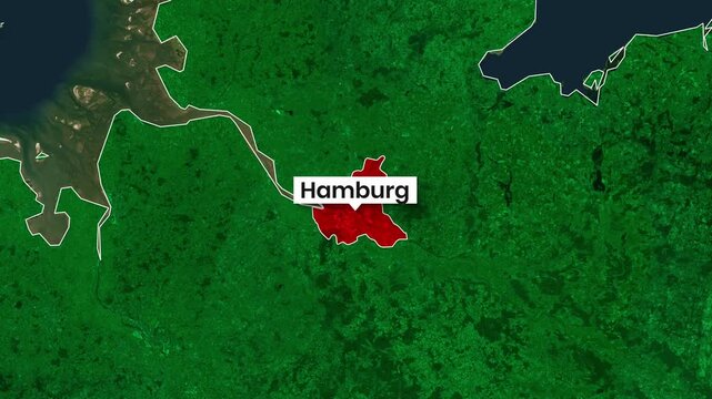 Animated map clip highlights the German city of Hamburg in motion