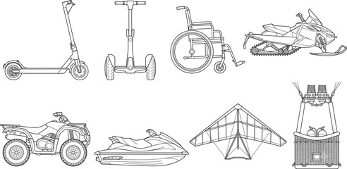 Obraz premium Vector line drawings of diverse vehicles and mobility devices including scooters, wheelchairs, snowmobiles, and aerial transport