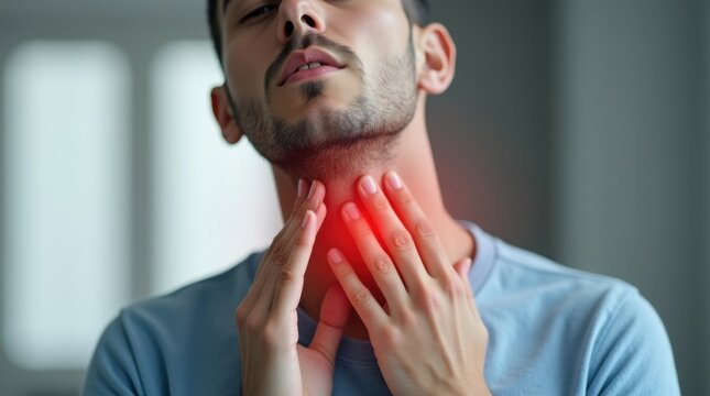 Hombre joven que se toca el cuello y traga con dificultad; marca m&eacute;dica roja sobre la zona de la garganta