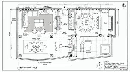 Architectural floor plan of a penthouse residence with living and dining zones © Saharia