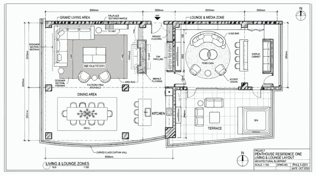 Architectural floor plan of a penthouse residence with living and dining zones