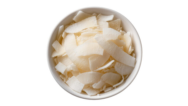 Isolated bowl of fresh and delicious coconut flakes ready for baking or snacking
