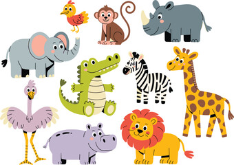 Obraz premium Cute cartoon safari animals set with lion, elephant, giraffe and crocodile isolated on white background