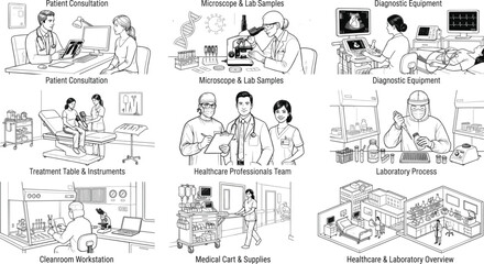 Obraz premium Vector line drawings of healthcare and laboratory environments including patient consultation, diagnostics, teamwork, and medical processes