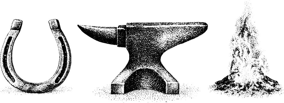 Horseshoe anvil and forge fire stippled black and white composition for rustic workshop banner and background design