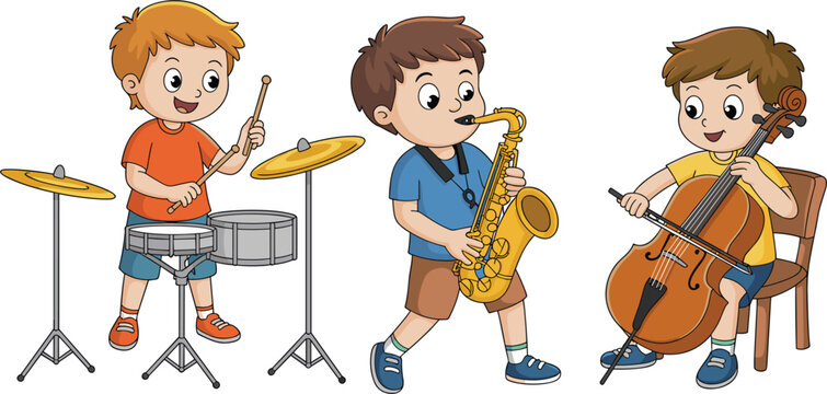 Cute cartoon kids playing musical instruments, little children band music performance concept isolated vector