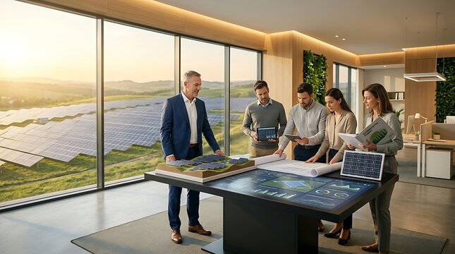 Solar energy team collaboration planning sustainable power solutions in modern office