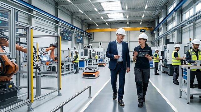 Smart factory floor engineers discussing data on a tablet with robotics