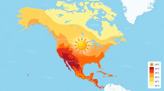 North America heat map showing temperature zones from cool to hot, with a sun graphic indicating warmth