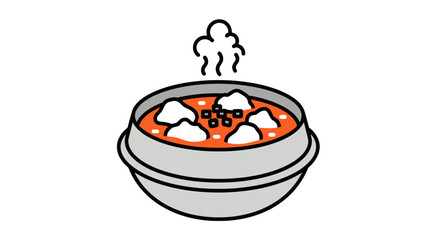 Hearty stew in a metal pot, steaming hot with chunks of white and dark pieces