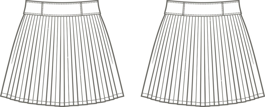 Cad drawing of pleated skirt fashion design technical illustration for apparel production