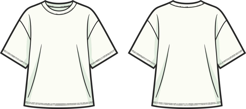 Cad drawing of oversized t shirt fashion tech pack front and back views