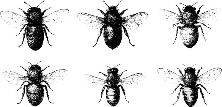 Vintage insect specimen taxonomy chart with multiple engraved bee studies and anatomical views for scientific poster and background design