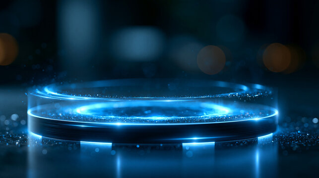 Blue glowing magic fantasy portal with a circular teleport podium, hologram effect and neon LED glow, abstract sci-fi circular element with light beams and glitter, defocused dark