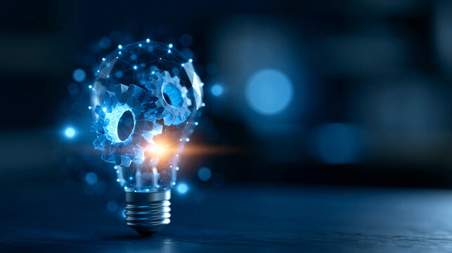 Abstract blue glowing light bulb with gears in the air, low poly style design, projection hologram with futuristic circles on blue background, technology concept, defocused blue