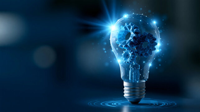 Abstract blue glowing light bulb with gears in the air, low poly style design, projection hologram with futuristic circles on blue background, technology concept, defocused blue
