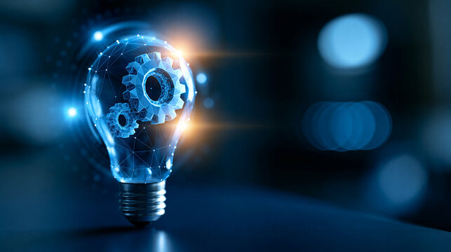 Abstract blue glowing light bulb with gears in the air, low poly style design, projection hologram with futuristic circles on blue background, technology concept, defocused blue
