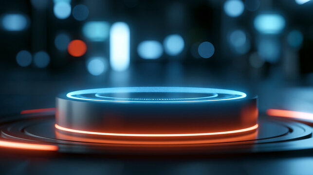 Futuristic empty stage with sci-fi interior concept, podium for product display in cyberpunk style, modern future background technology, defocused dark background, futuristic