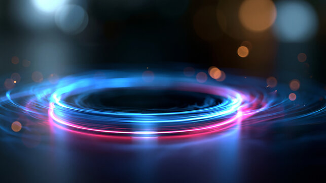 Futuristic energy vortex with vibrant glowing effects, magic game UI portal with round platform and neon glowing blue and pink gradient rays, defocused dark background, energy