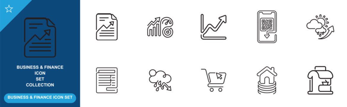 Report analysis and shopping cart icon set with financial documents and digital qr codes.