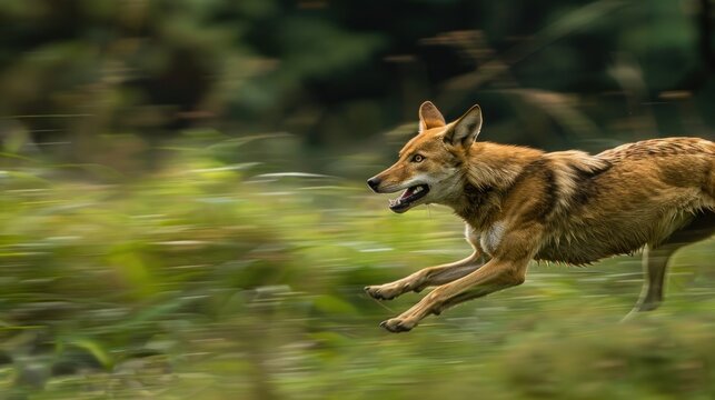 Red wolf running through lush green grass