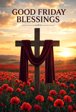 Good friday blessings with wooden cross draped in red cloth among poppy flowers at sunset