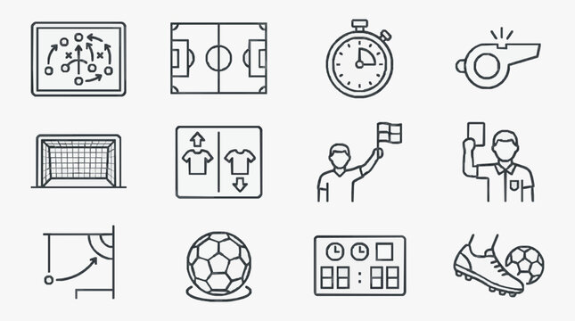 Corporate Icons Set Featuring Black and White Soccer Themed Illustrations for Strategy Tactics and Management