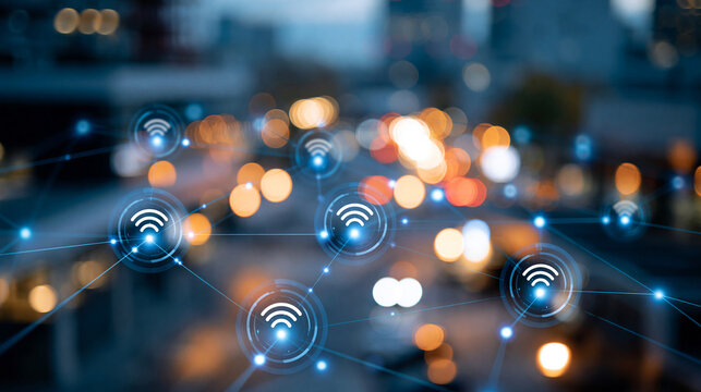 City and wireless communication network icons, internet of things conceptual visualization over modern urban landscape, defocused city background, city IoT wireless concept
