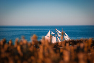 Three masted sailing ship with white sails on a blue sea seen behind blurred foreground vegetation © Fatimati