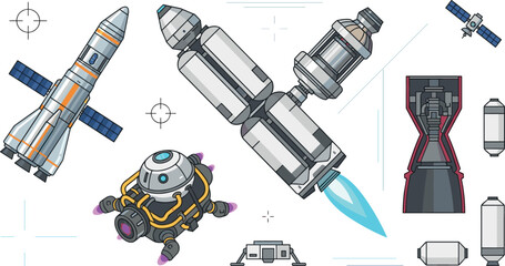 Space Exploration and Rocket Technology Vector Collection Featuring Spacecraft, Satellite, Lander, Rocket Engine, Propulsion System, and Aerospace Engineering Elements © Danial