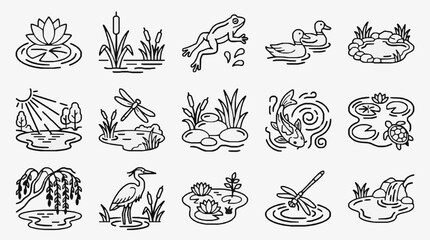 Elegant Black and White Line Art Collection of Wetland and Aquatic Life Scenes with Plants Animals and Nature Elements © Oli