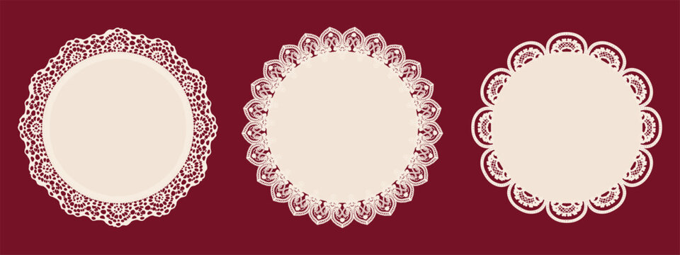 Circle lace frame border with scallop oval edge and wavy trim. Embossed doily brush with scalloped antique pattern and squiggle vector. Cute crochet boarder isolated, vintage paper tape ornament