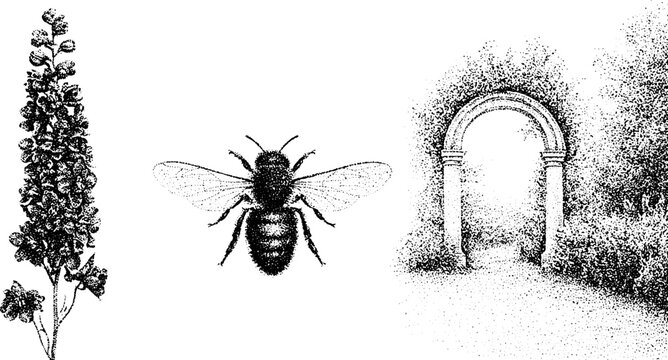 Stippled garden composition with tall larkspur, central bee and classical garden arch in black and white for botanical poster or background design