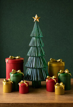 Modern decorative christmas tree with colorful gift boxes and golden star on tabletop display
