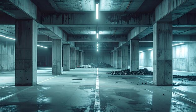 Empty Underground Parking Garage with Reflective Wet Floor
